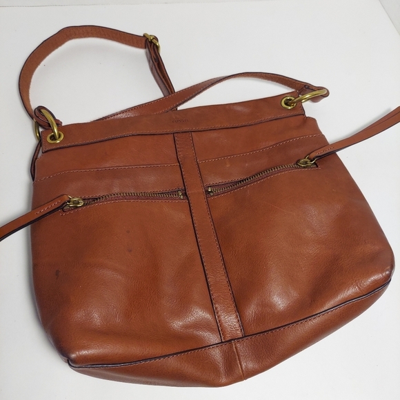 FOSSIL Crossbody Purse Soft Genuine Leather Bag Saddle Brown w Gold Key Charm - Picture 5 of 16